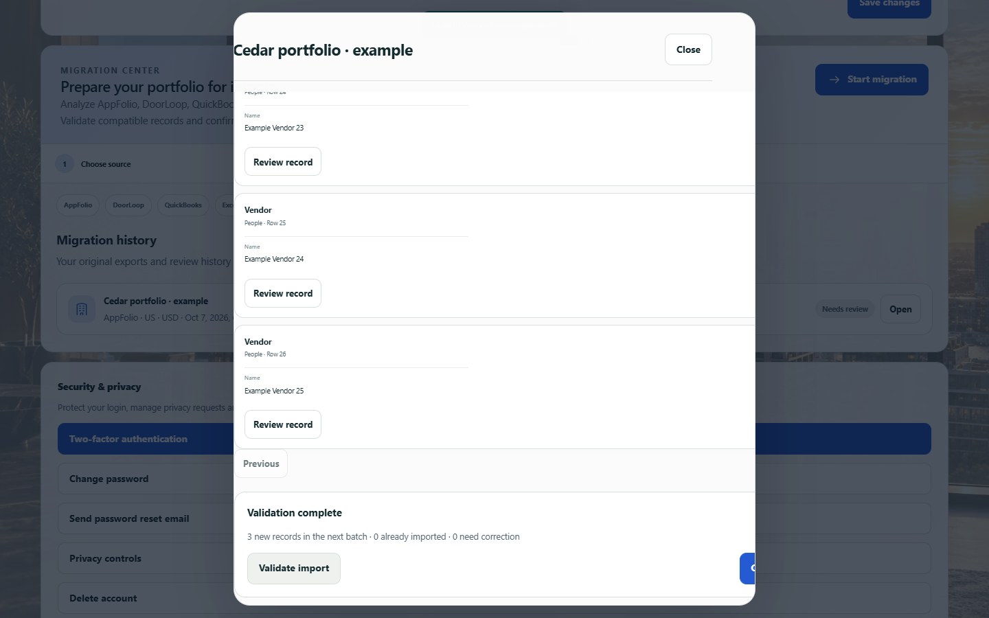 RentorStay import validation with example portfolio data