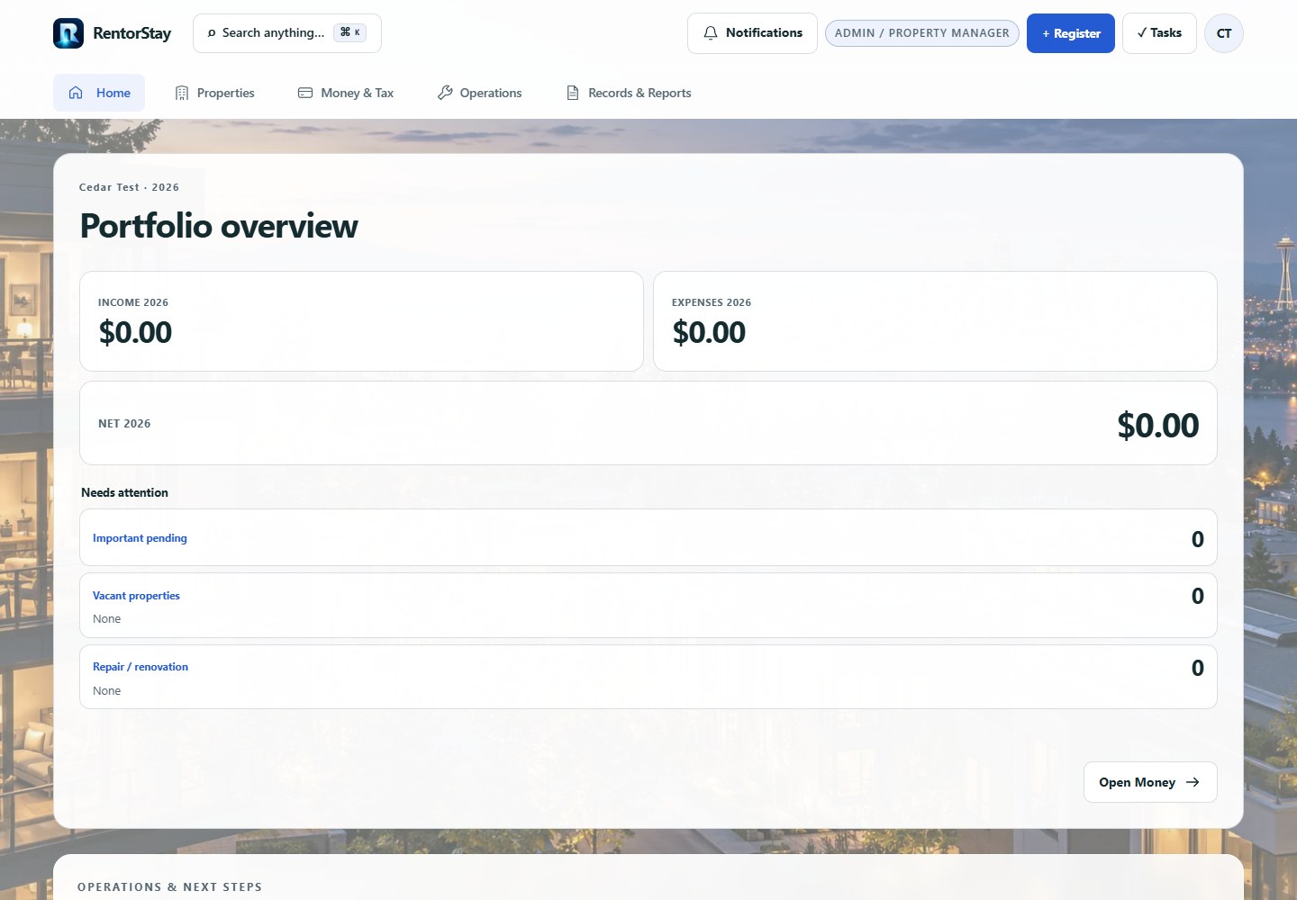 RentorStay Property Manager interface with example data