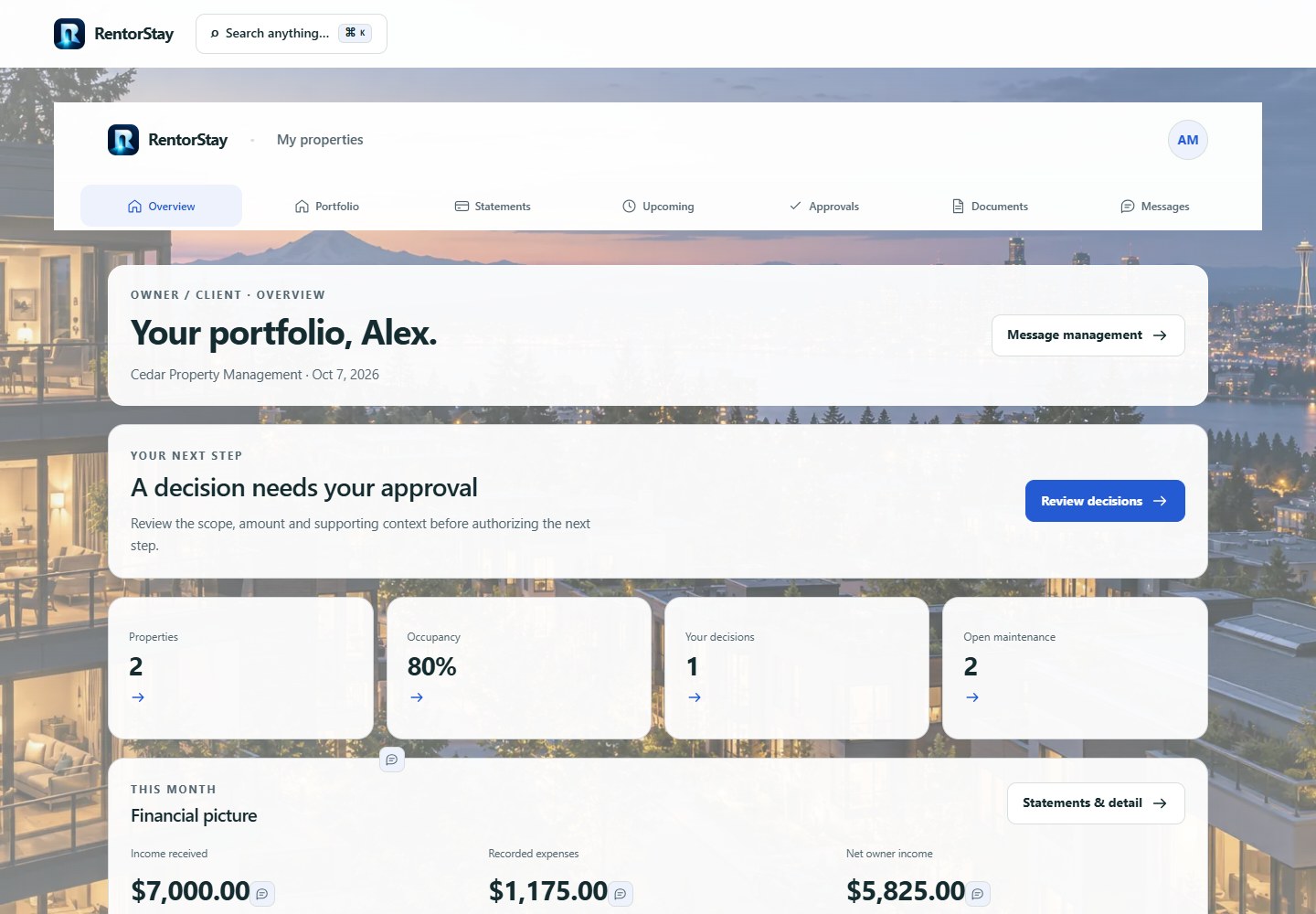 RentorStay Owner / Client interface with example data