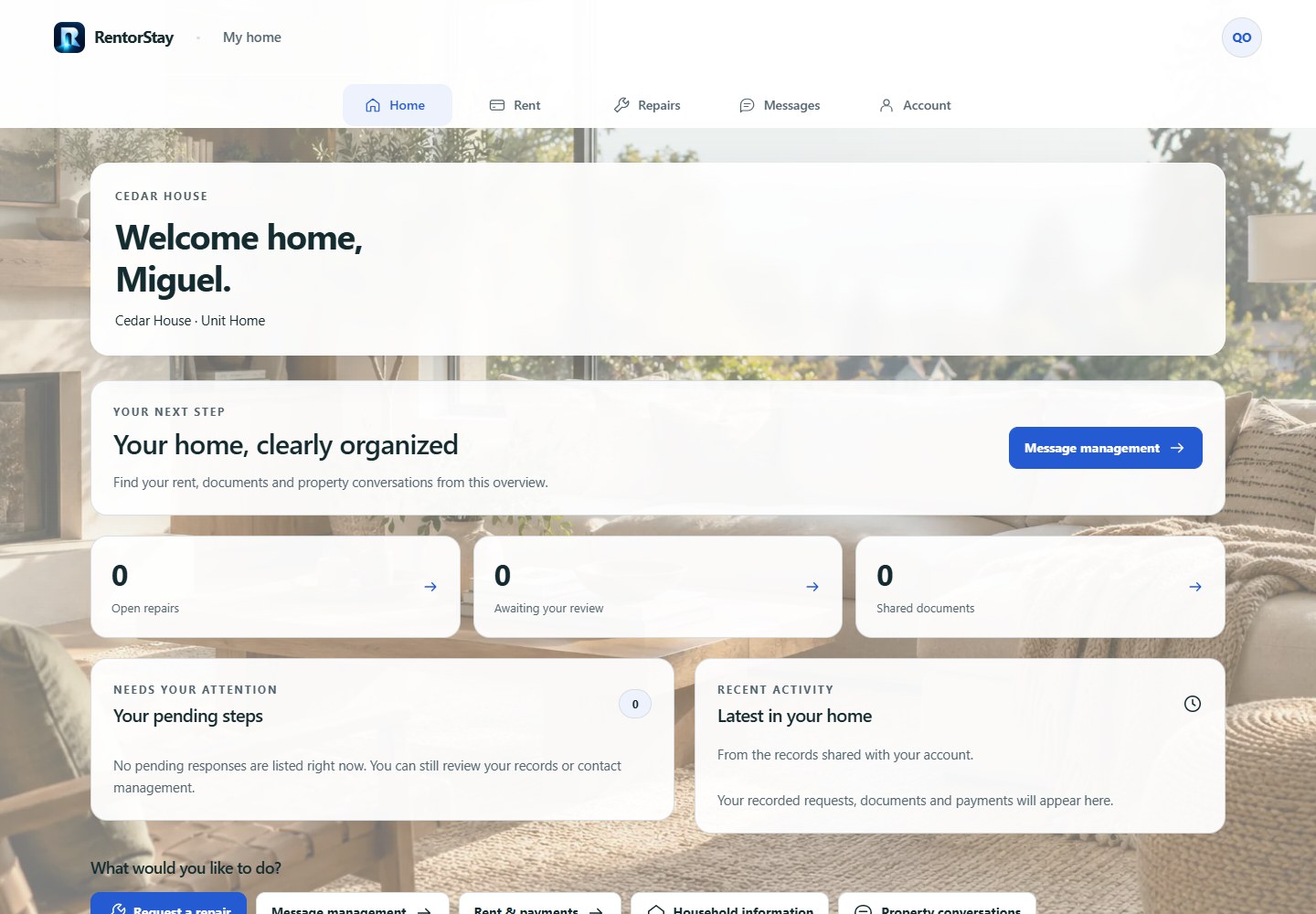 RentorStay Resident interface with example data